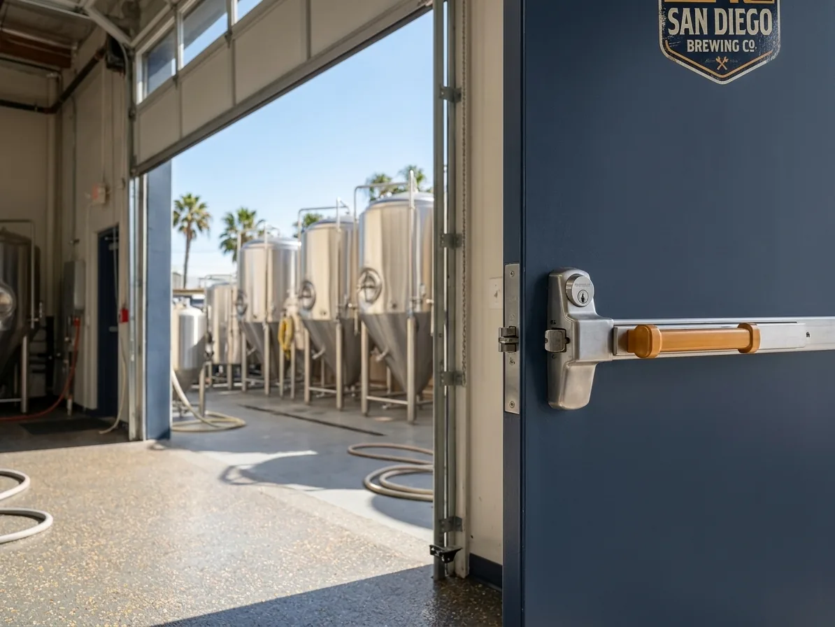 Hollow metal man door beside a sectional overhead door at a San Diego brewery, exit device inside
