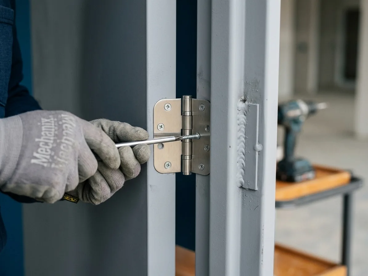 Hardware close-up for commercial door installation work in San Diego