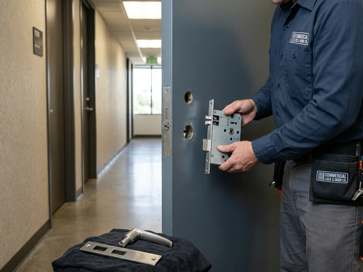 Technician servicing a mortise lock case in a hollow metal commercial door