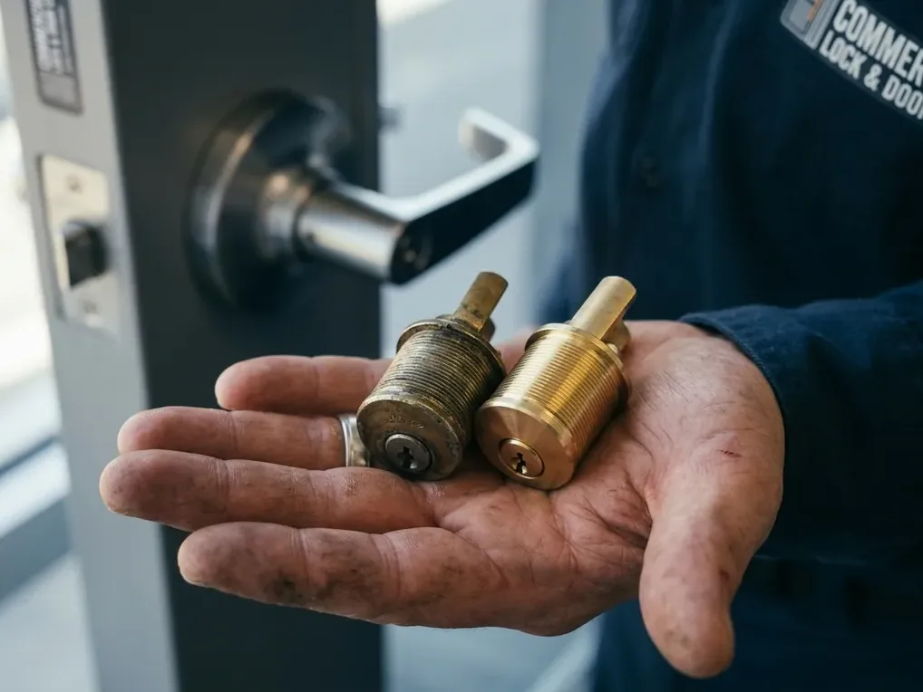 Hardware close-up for commercial lock change work in San Diego