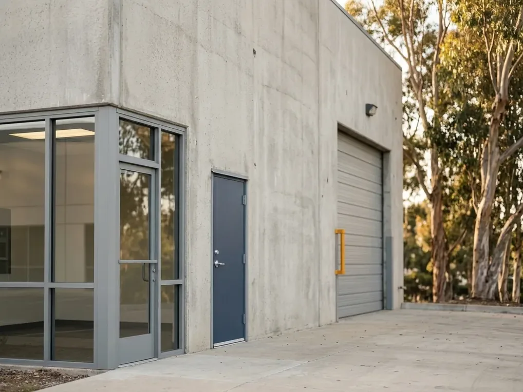 Aluminum storefront entry and hollow metal rear door at a Carlsbad tilt-up business park