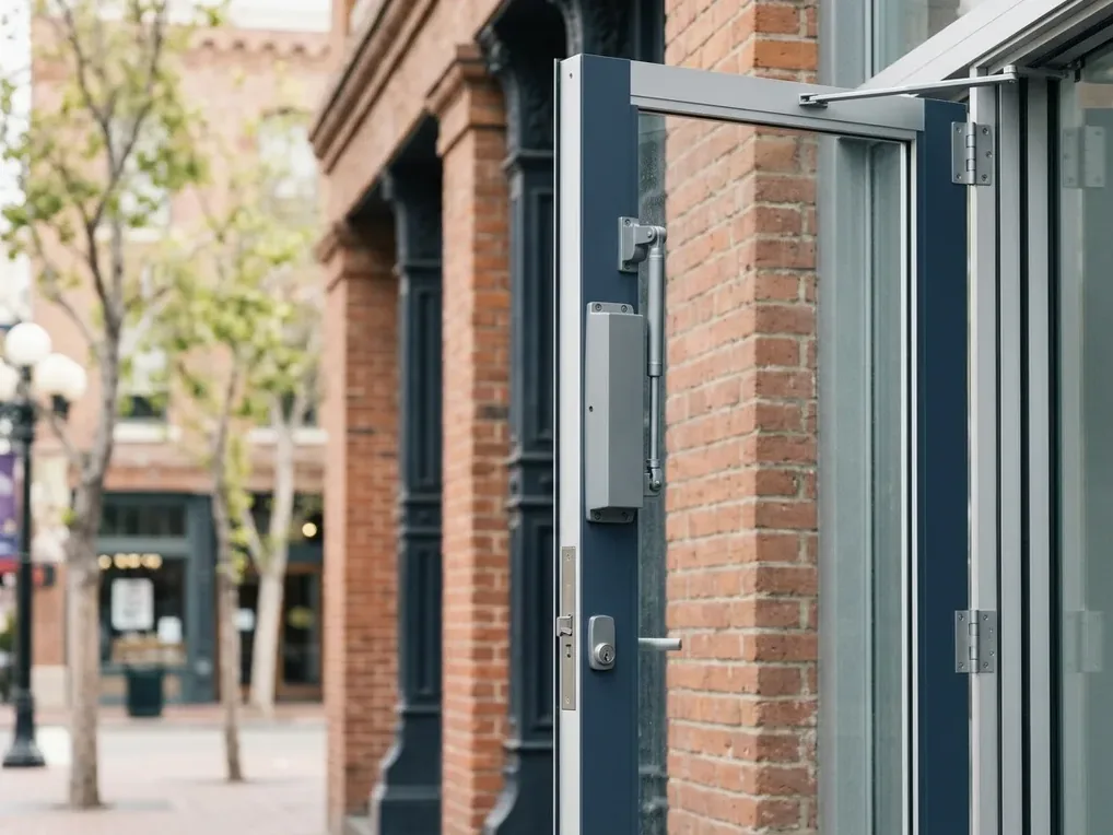 Aluminum storefront entry with deadlatch and surface closer on a Downtown San Diego retail block