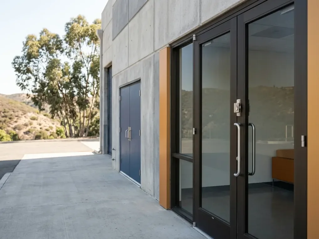 Aluminum storefront entry and hollow metal service door at a Sorrento Valley R and D building