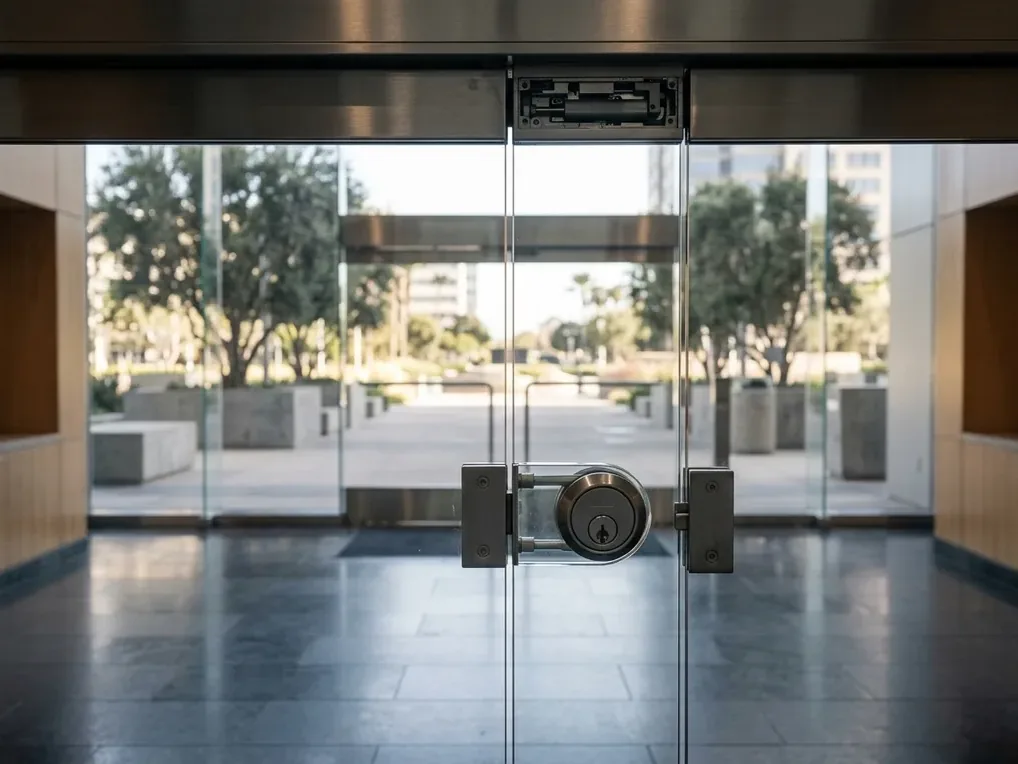Aluminum storefront entry with concealed closer at an office building in the UTC area of San Diego