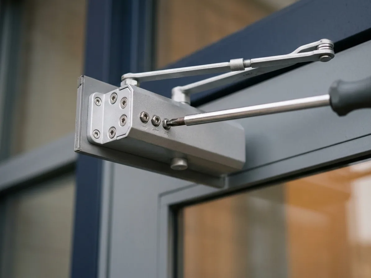 Hardware close-up for door closers work in San Diego