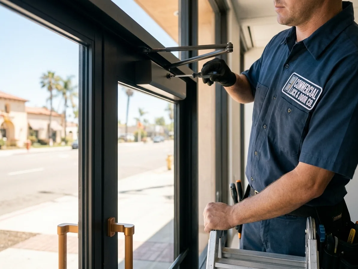 Technician adjusting the latch speed valve on a parallel arm door closer at a commercial entrance