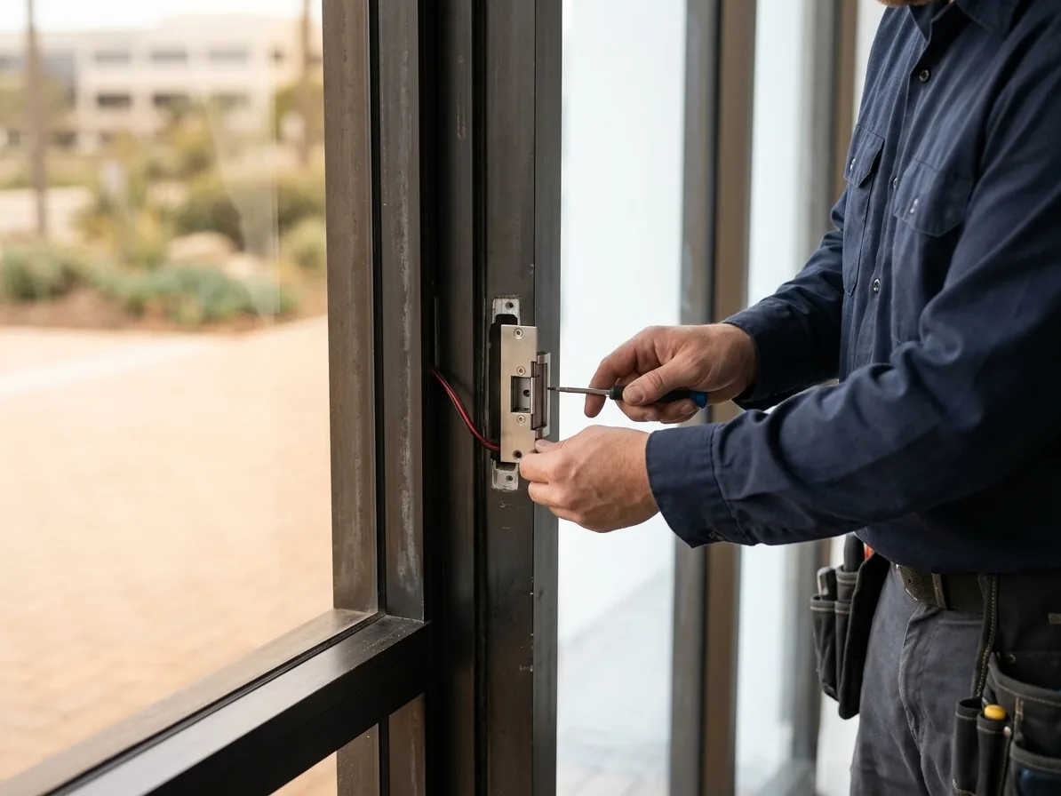 Technician fitting an electric strike into an aluminum storefront door jamb at a San Diego office building