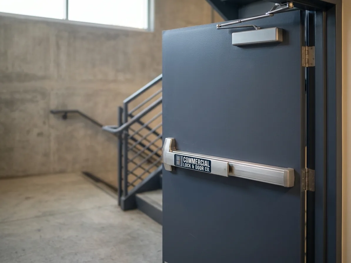 Labeled hollow metal fire door with a rim fire exit device and surface closer in a San Diego stairwell