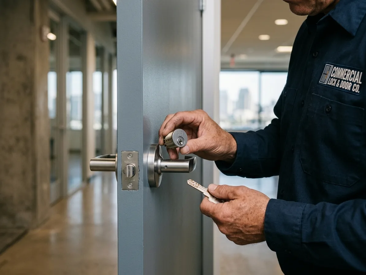 Commercial locksmith fitting a patented high security mortise cylinder in a San Diego office door