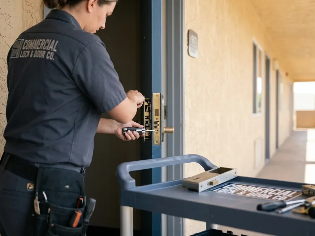 Technician servicing a mortise lock body on a hotel guest room door along an exterior corridor