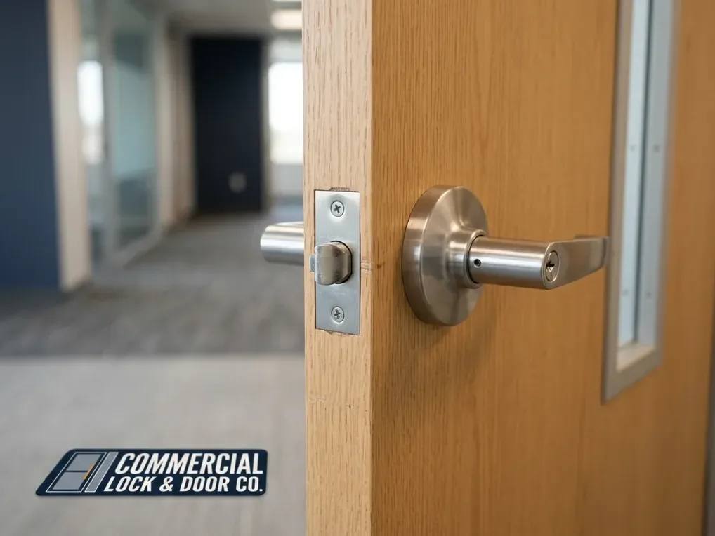 Hardware close-up for interior and office door installation work in San Diego