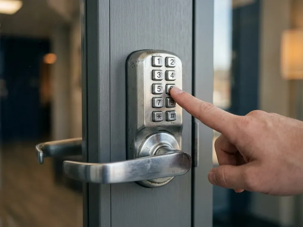 Hardware close-up for keypad locks and keyless entry work in San Diego