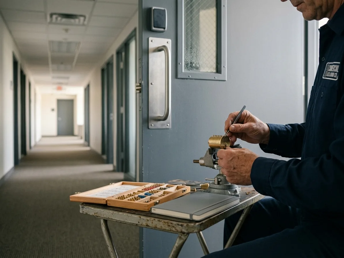 Locksmith pinning a mortise cylinder at a bench beside a commercial office door