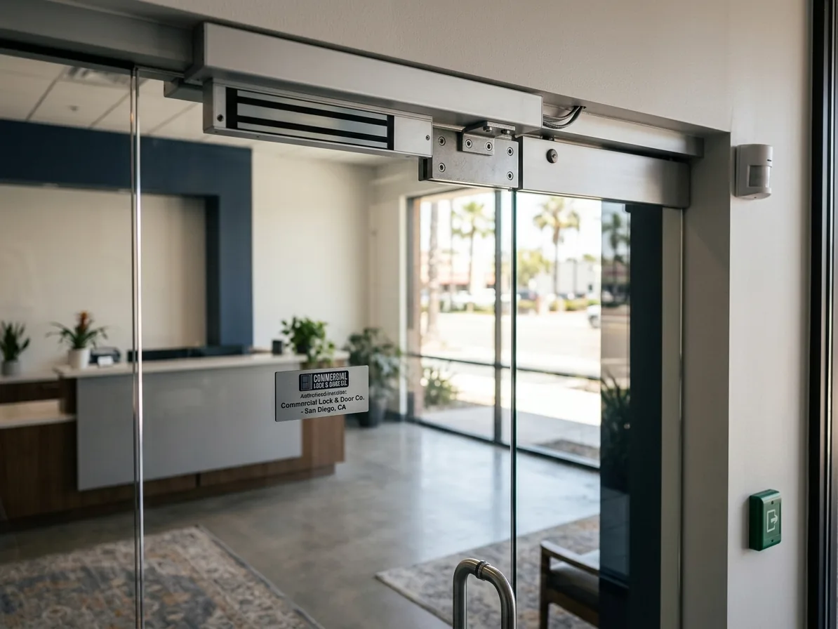 Magnetic lock and armature plate mounted at the top rail of an all-glass office entry door in San Diego