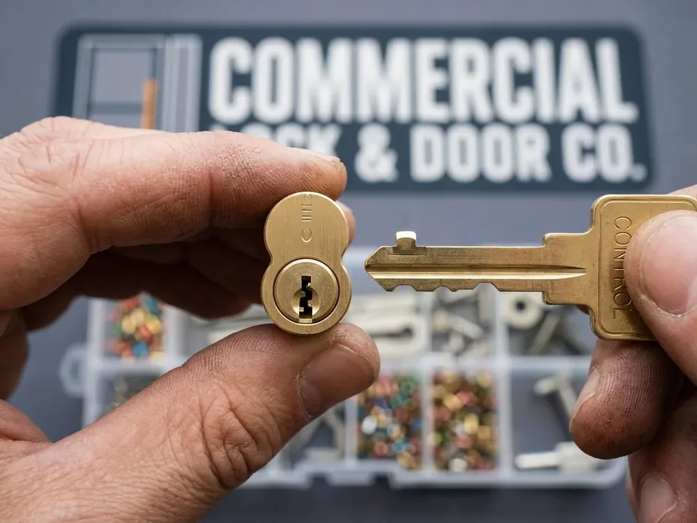 Hardware close-up for master key systems work in San Diego