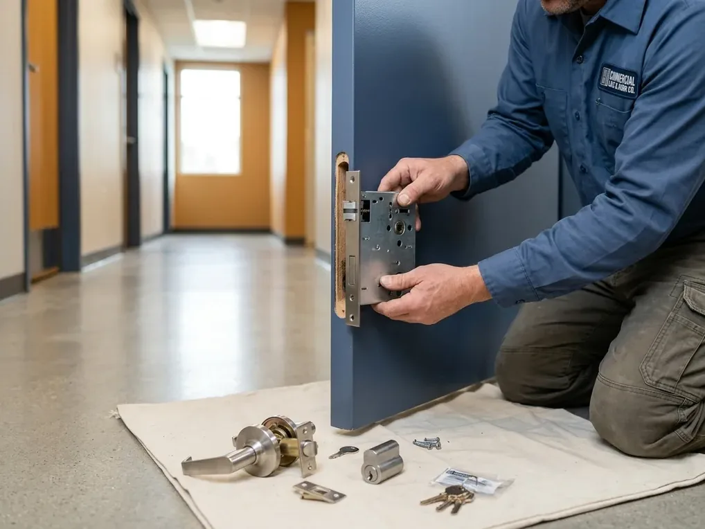 Technician fitting a Grade 1 mortise lock case into the routed pocket of a commercial hollow metal door