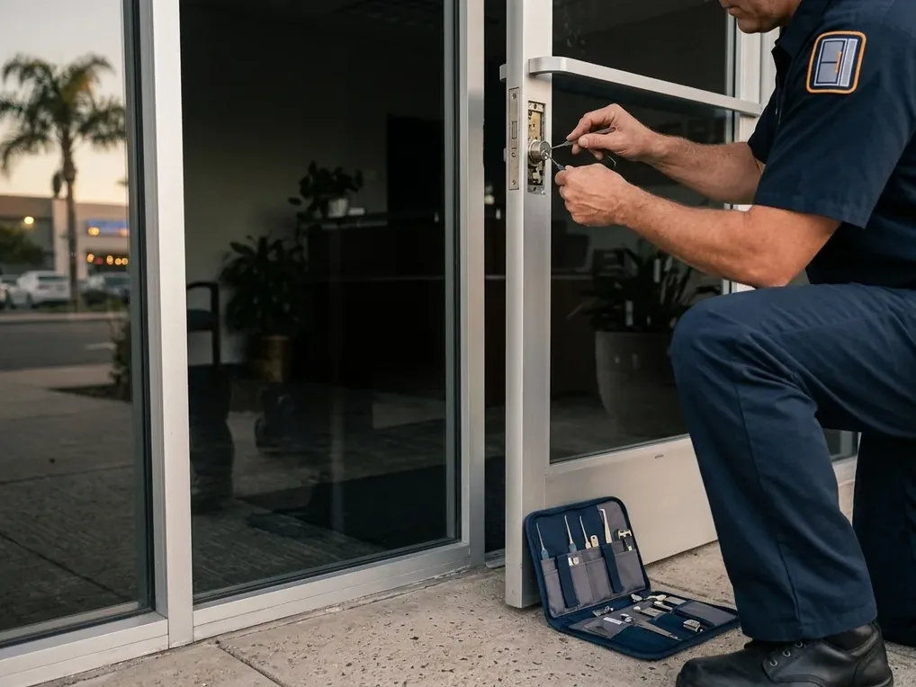 Locksmith opening an aluminum storefront door with a deadlatch at a San Diego office building