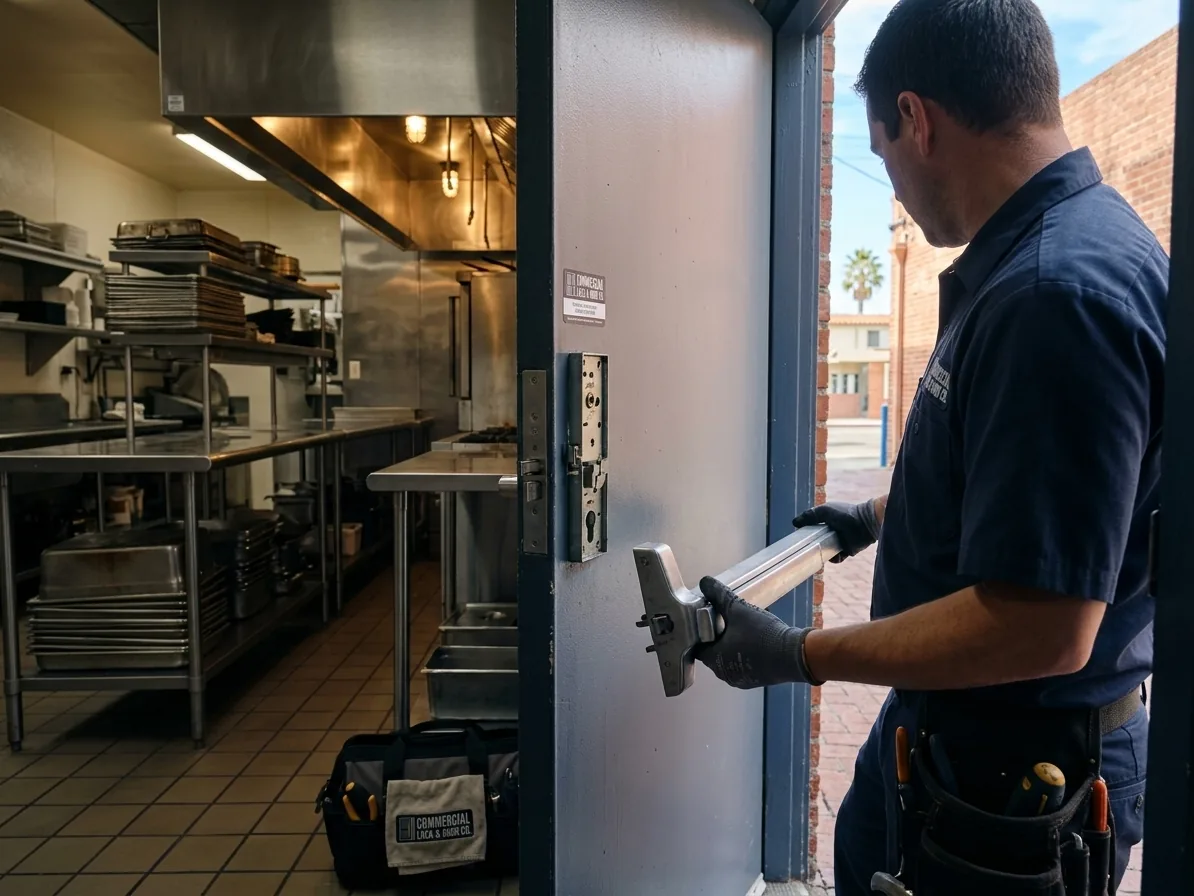Technician servicing a rim exit device on the rear exit door of a San Diego restaurant kitchen