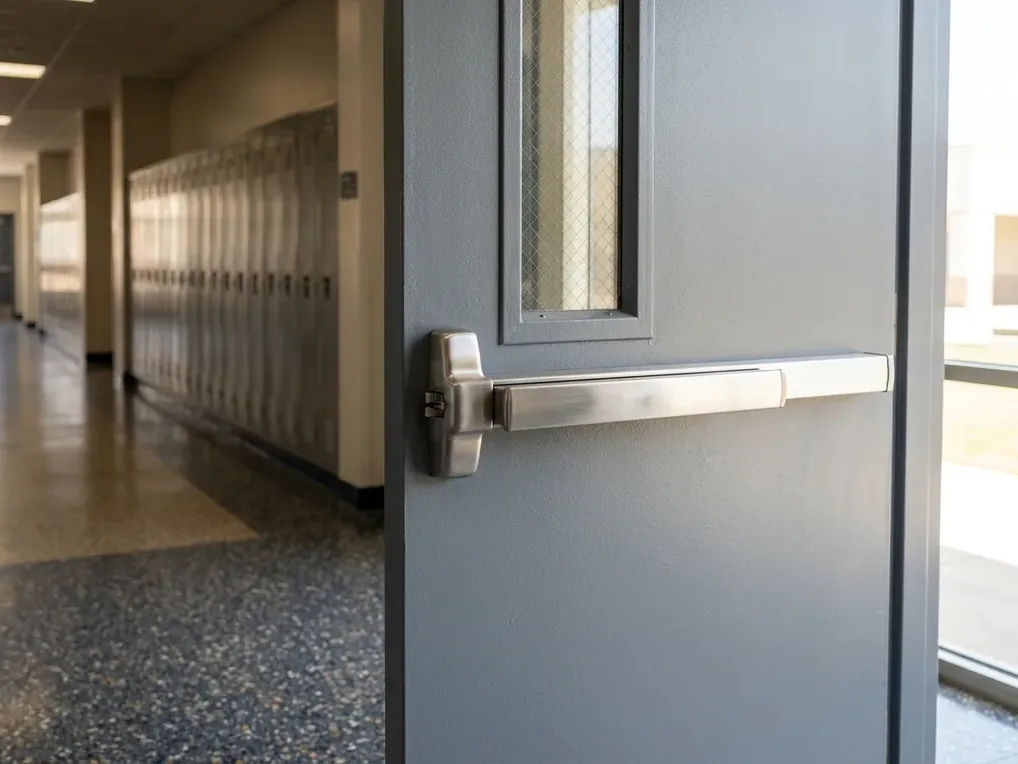 Grade 1 exit device and closer on a school corridor fire door at a San Diego campus