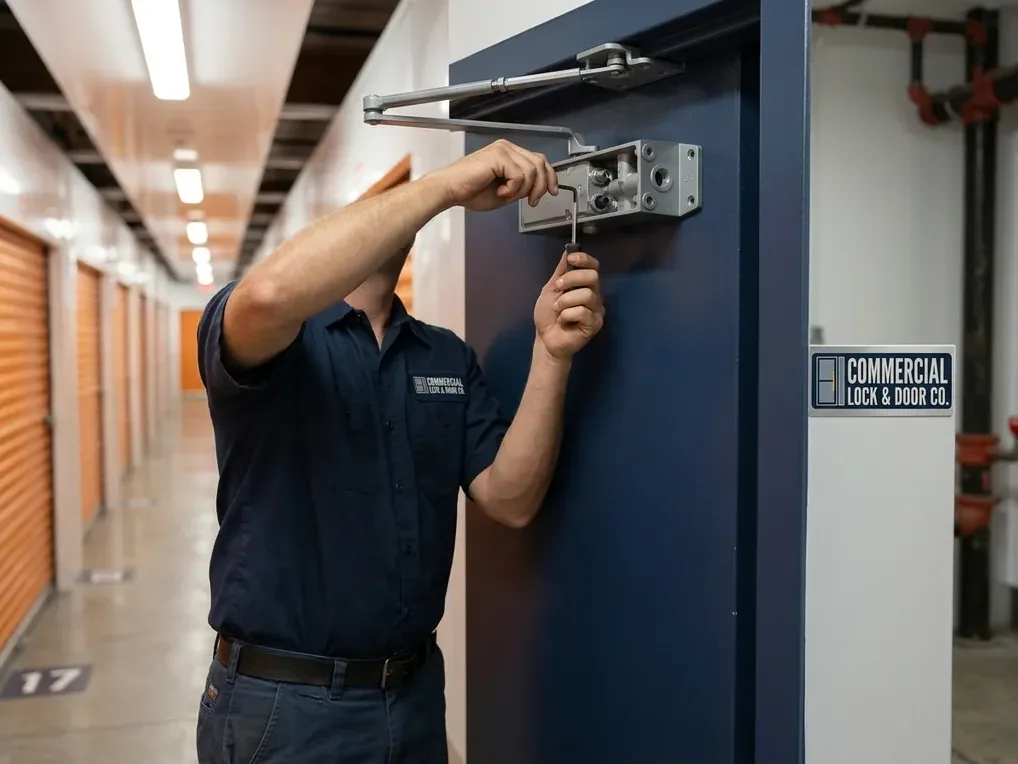 Technician adjusting a door closer on a corridor door at a San Diego self storage building