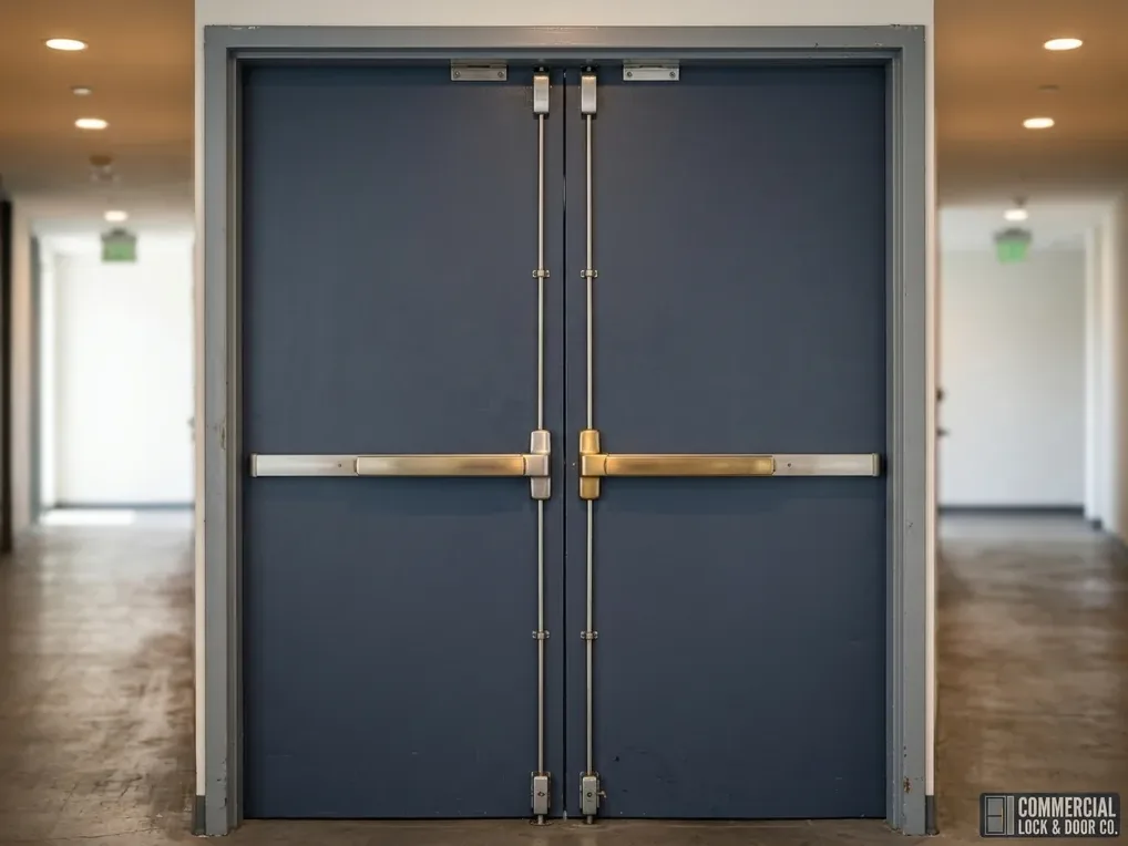 Surface vertical rod exit device on a hollow metal door pair with rod covers and top latch strike