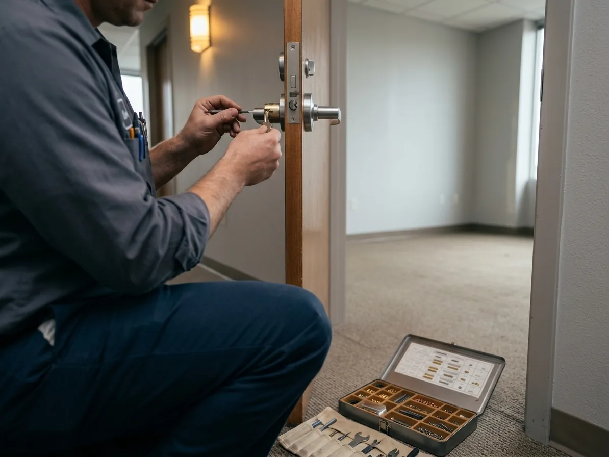 Locksmith repinning a commercial lock cylinder during a tenant turnover rekey at a San Diego property